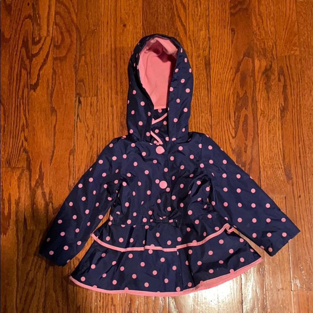 London Fog raincoat navy blue w/ pink polka dots